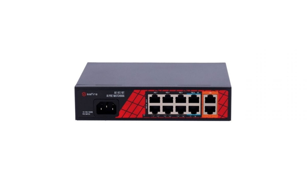 SF-SW1008HIPOE-H-120  Safire Switch Hi-PoE 8 puertos PoE + 2 Uplink RJ45 Hibrido 8x10/100Mbps + 2x10/100/1000Mbps 6 Puertos PoE+ 30W + 2 Puertos Hi-PoE 60W PoE Watchdog Hasta 120W Potencia PoE total