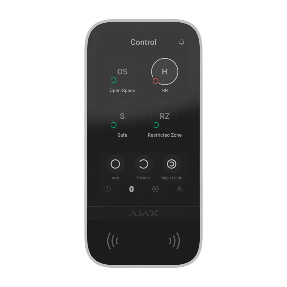 AJ-KEYPADTOUCHSCREEN-W PN8140-686358 Teclado con pantalla táctil y RFID - Grado 2 Inalámbrico 868 MHz Jeweller Armado/desarmado total o por grupos Control de los escenarios de automatización Autenticación: códigos, lector RFID o Bluetooth Notificaciones visuales y sonoras